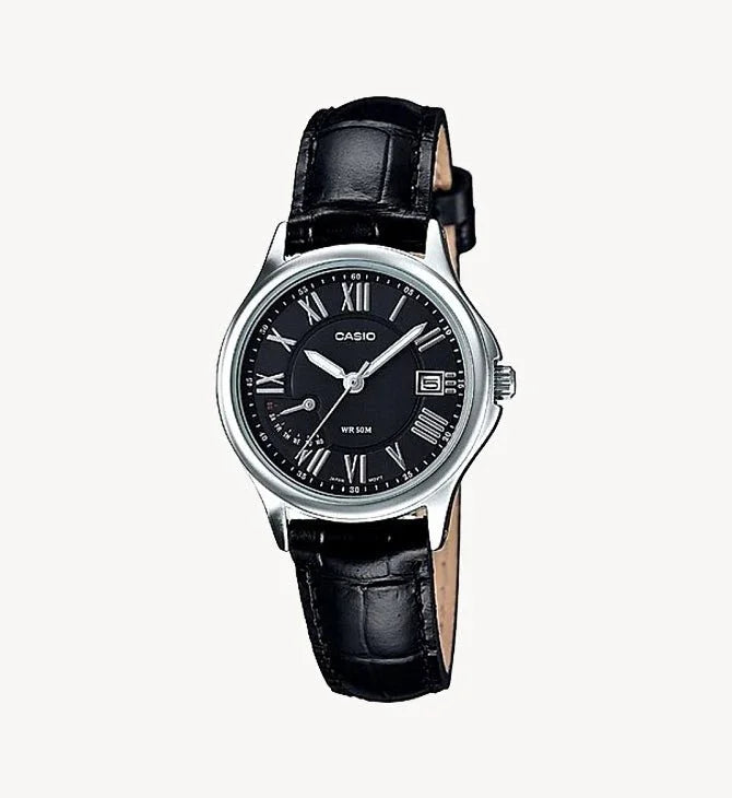 Casio analog watch with black leather strap, Roman numerals, and WR 50M water resistance