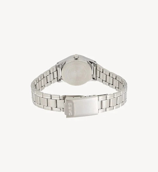 Silver Casio watch back view with metal bracelet and clasp, showcasing genuine design details