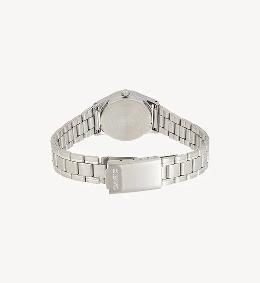 Silver Casio watch back view with metal bracelet and clasp, showcasing genuine design details