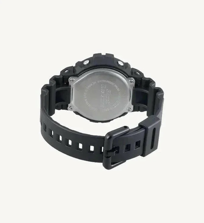 Black G-Shock watch back view showing water resistance and case details