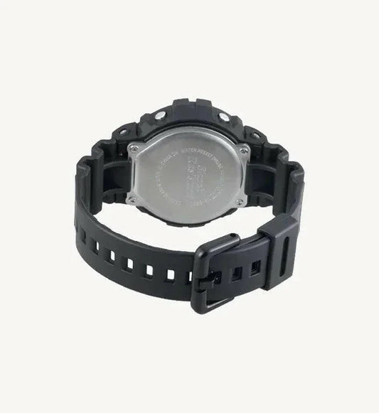 Black G-Shock watch back view showing water resistance and case details