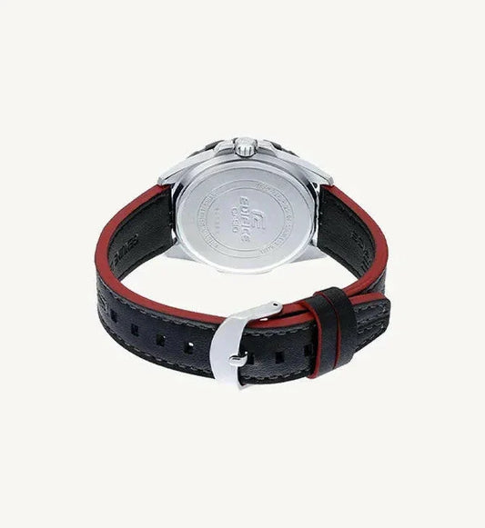 Casio Edifice watch back view with black leather strap and red lining, stainless steel case