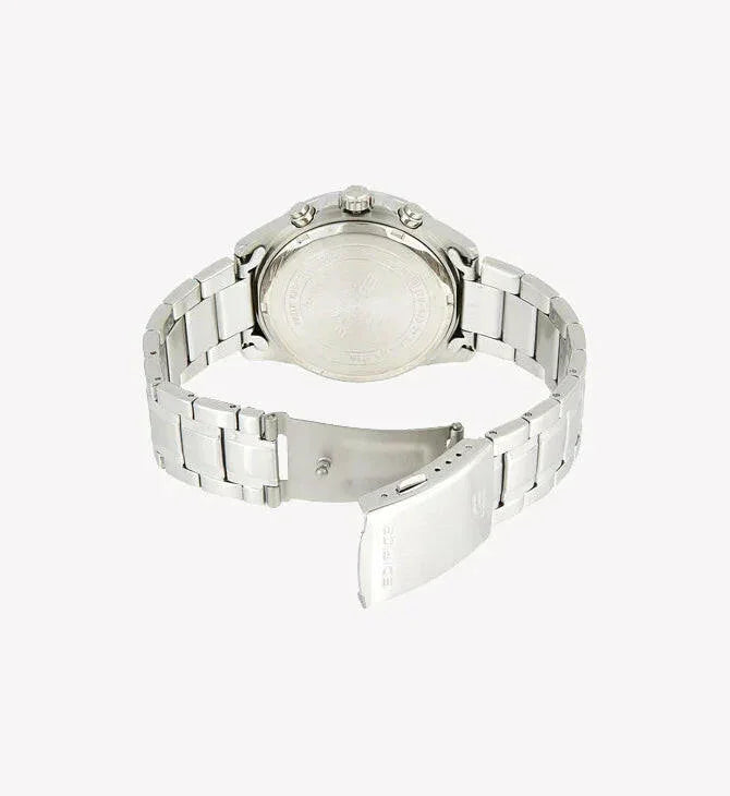 Stainless steel watch back with engraved details and secure clasp, showcasing durable metal band design