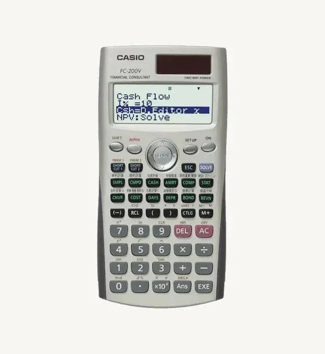 Casio FC-200V financial calculator with cash flow and NPV functions displayed