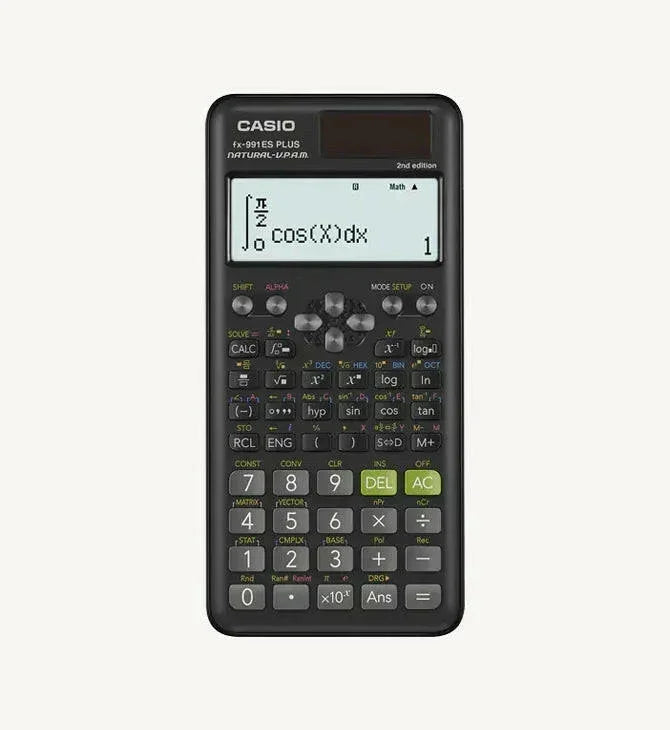 Casio fx-991ES Plus scientific calculator displaying integral calculation, black design with green AC button