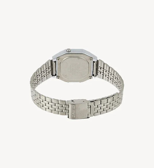 Casio stainless steel watch back with metal bracelet, showcasing durable design and secure clasp