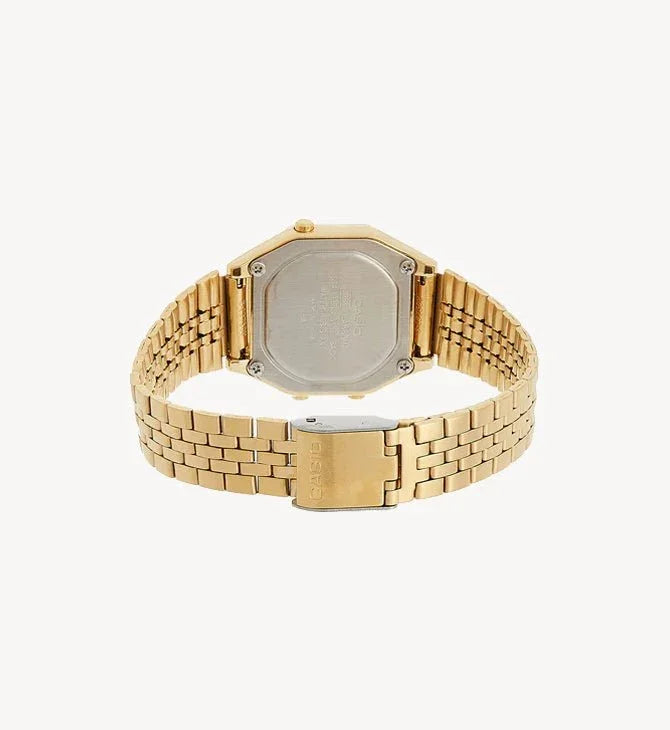 Gold Casio watch back view with metal bracelet and engraved case