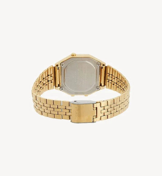 Gold Casio watch back view with metal bracelet and engraved case