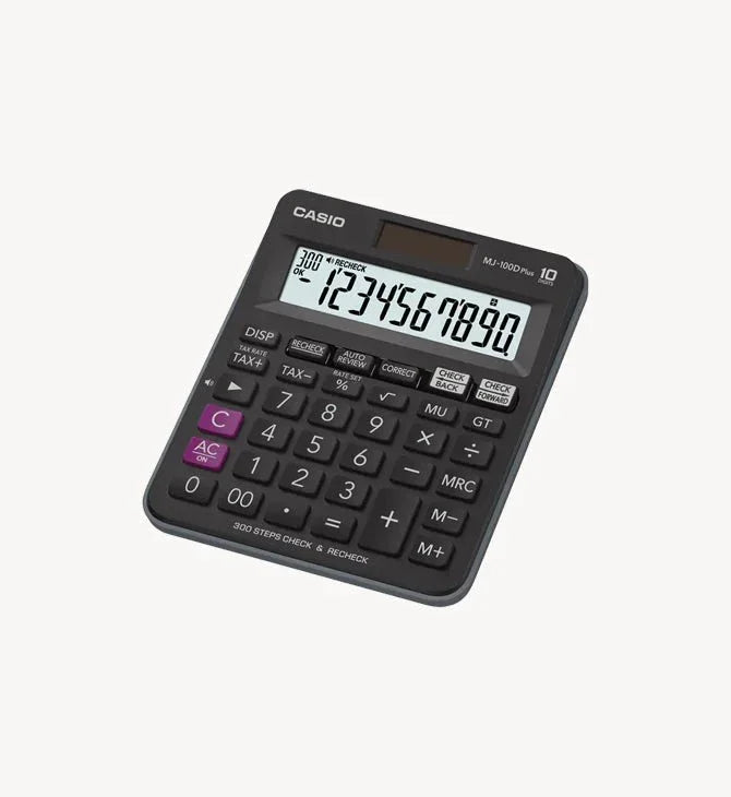Casio MJ-100D Plus desktop calculator with 10-digit display and tax functions