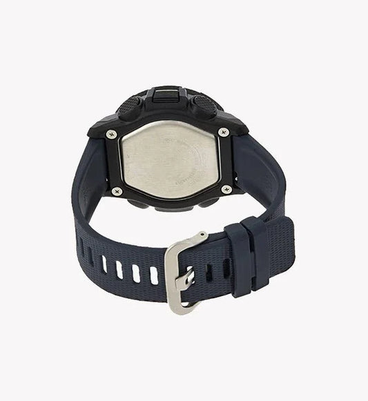 Back view of rugged men's watch with navy strap and stainless steel case