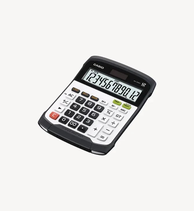 Casio desktop calculator with 12-digit display and tax functions, water-resistant design
