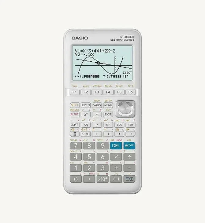 Casio fx-9860GII graphing calculator displaying math functions and graphs on screen